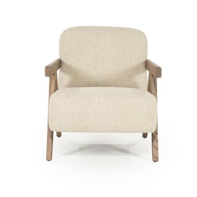 A modern armchair with a rounded backrest and seat, featuring wooden armrests and legs. The upholstery appears to be a textured, light-colored fabric. The wooden frame has a visible grain and a natural finish. The design incorporates angled wooden supports for the armrests and legs, giving it a distinctive silhouette. — 3D model