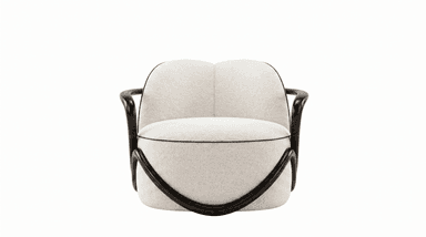 A modern upholstered armchair featuring a striking dark, sculptural wooden frame that integrates the armrests and supports the quilted, light-colored fabric seat and backrest. — 3D model