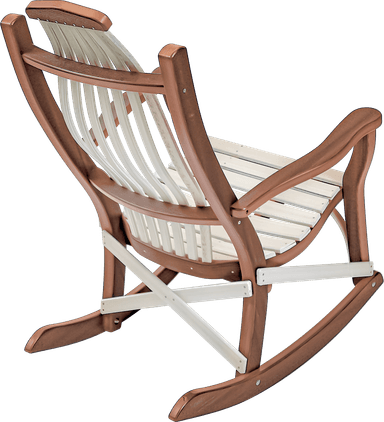 A robust rocking chair designed with an Adirondack aesthetic, featuring a two-tone construction. The frame is a dark brown, possibly wood or wood composite, while the seat and backrest consist of lighter, cream-colored slats. The backrest slats are vertically oriented and gently curved for ergonomic support, and the seat slats are arranged horizontally with a slight contour. Broad, curved armrests provide comfort, and the base incorporates traditional rocking runners. — 3D model