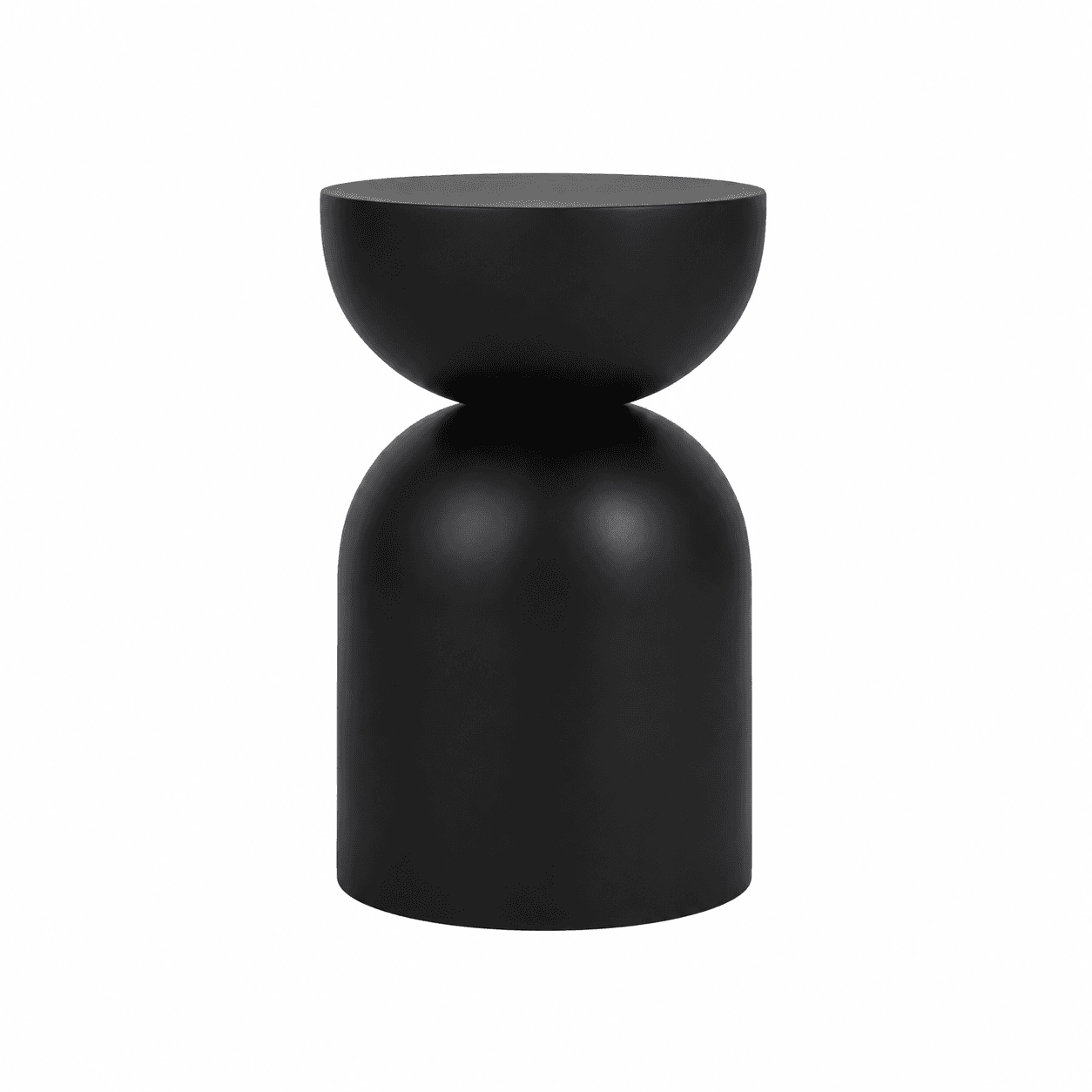 A black side table with a unique hourglass silhouette. The top portion is a half-sphere with a flat circular top, balanced atop a larger, rounded cylindrical base, also resembling a half-sphere or dome. The surface appears matte. — 3D model