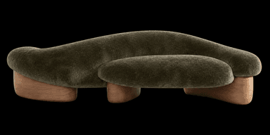 A low-profile lounge chair featuring a distinctly organic and curvilinear form. The chair is upholstered in a dark olive-green velvet or chenille fabric with a plush, textured appearance, forming a deep seat and a subtly integrated backrest. It is supported by a sculptural base crafted from natural-toned wood, characterized by rounded, solid forms that contribute to the piece's overall fluid aesthetic. — 3D model
