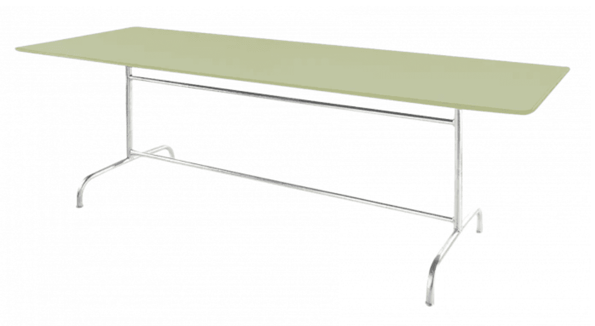 A rectangular dining table featuring a light green tabletop and a polished chrome-plated steel base with an A-frame leg structure. — 3D model
