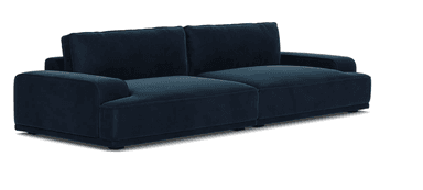 A modern, deep navy blue upholstered sofa with a low profile and plush cushions. It features clean lines, a square armrest on the left, and appears to be a modular or two-seat design, with visible seams dividing the seat and back cushions. — 3D model