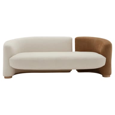 A modern, asymmetrical two-seater sofa featuring contrasting upholstery: a light, textured fabric on one side and a smooth, cognac-colored leather on the other, with a sculptural curved silhouette and an integrated plinth base. — 3D model