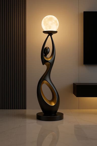 A tall, freestanding floor lamp featuring an abstract, sculptural body composed of dark, possibly black, metal with fluid, undulating forms. Integrated into this structure are golden-finished elements that create a striking contrast. At the apex of the lamp, a spherical light source, reminiscent of a moon, is cradled, emitting a soft, diffused glow. The lamp stands on a circular base, maintaining a sleek and modern aesthetic. — 3D model
