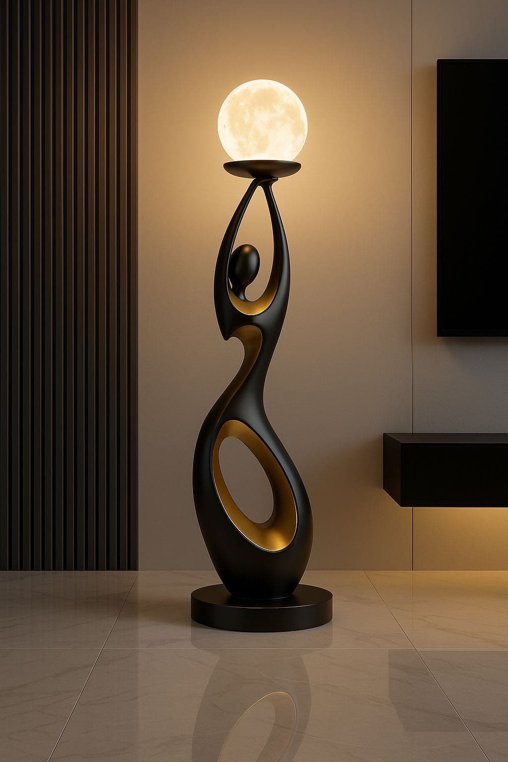 A tall, freestanding floor lamp featuring an abstract, sculptural body composed of dark, possibly black, metal with fluid, undulating forms. Integrated into this structure are golden-finished elements that create a striking contrast. At the apex of the lamp, a spherical light source, reminiscent of a moon, is cradled, emitting a soft, diffused glow. The lamp stands on a circular base, maintaining a sleek and modern aesthetic. — 3D model