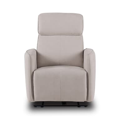A contemporary recliner chair upholstered in a light beige, suede-like fabric, featuring a high back with an integrated headrest and plush, rolled armrests, designed for comfort and relaxation. — 3D model