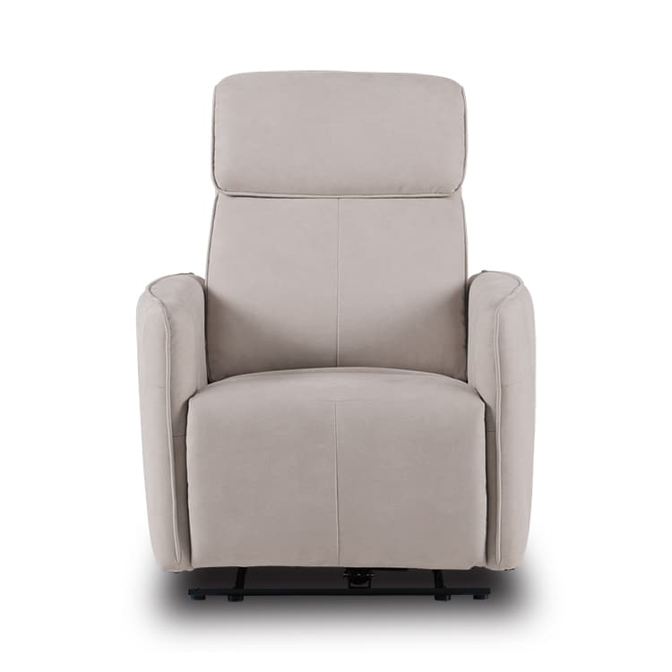 A contemporary recliner chair upholstered in a light beige, suede-like fabric, featuring a high back with an integrated headrest and plush, rolled armrests, designed for comfort and relaxation. — 3D model