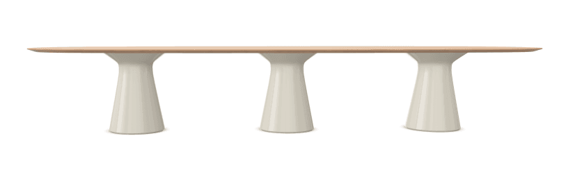 An elongated, light-colored oval table with a wood or wood veneer top, supported by three cream-colored, flared pedestal bases. — 3D model