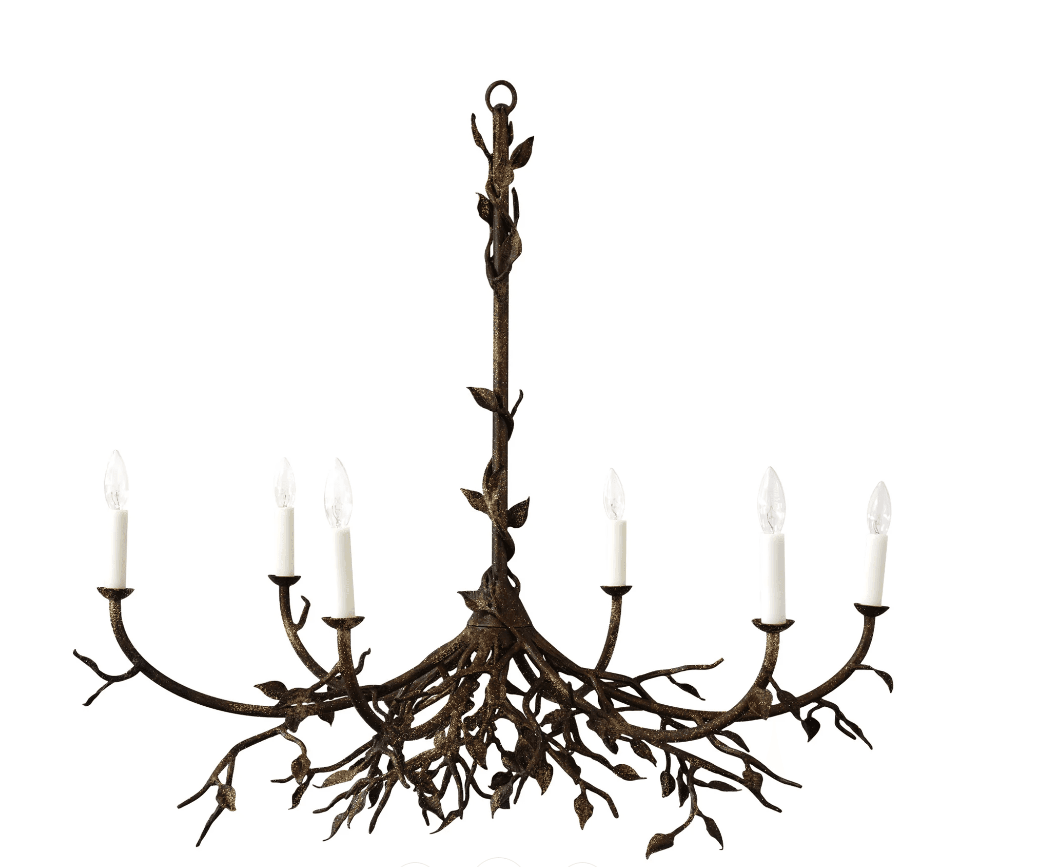 A wrought iron chandelier designed to resemble branches and leaves. It has six candle-style light sockets and a central stem with decorative leaf motifs. The overall finish appears to have a textured, possibly antiqued or distressed, metallic look with flecks of gold or bronze. — 3D model