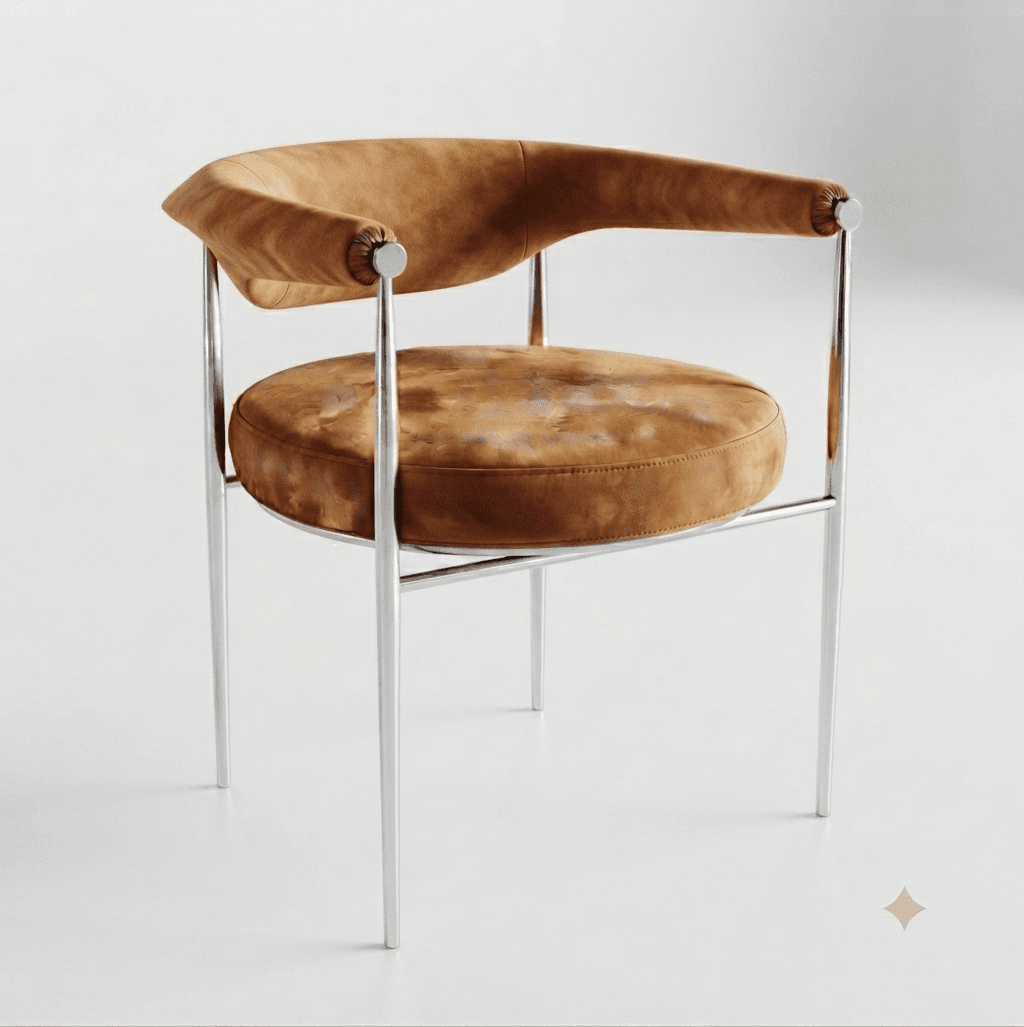 A contemporary armchair featuring a polished tubular chrome frame and distressed brown leather upholstery. It has a round, padded seat cushion and a distinctive integrated backrest and armrest, crafted from a single piece of leather that wraps around the top of the frame, cinched at the front corners. — 3D model