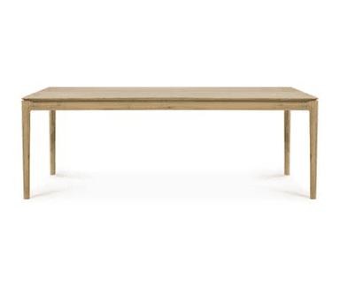 A modern rectangular dining table crafted from light-colored oak wood, featuring a clean tabletop with subtly rounded corners and four slender, straight legs, presented against a white background. — 3D model