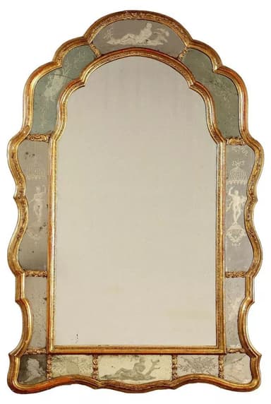 A decorative mirror with a shaped frame. The frame is gilded and features inlaid panels with etched or painted classical figures and motifs on a light blue background. The overall shape is arched with a scalloped outline. — 3D model