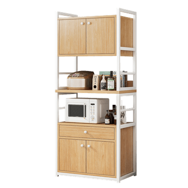 A tall, freestanding kitchen storage unit featuring a white powder-coated metal frame. It incorporates multiple storage options, including two upper closed cabinets, two open shelves, one pull-out drawer, and two lower closed cabinets. The shelves, drawer face, and cabinet doors are constructed from light-colored engineered wood with a natural wood grain finish. The unit is designed to accommodate various kitchen appliances and pantry items, demonstrating a practical and contemporary aesthetic. — 3D model