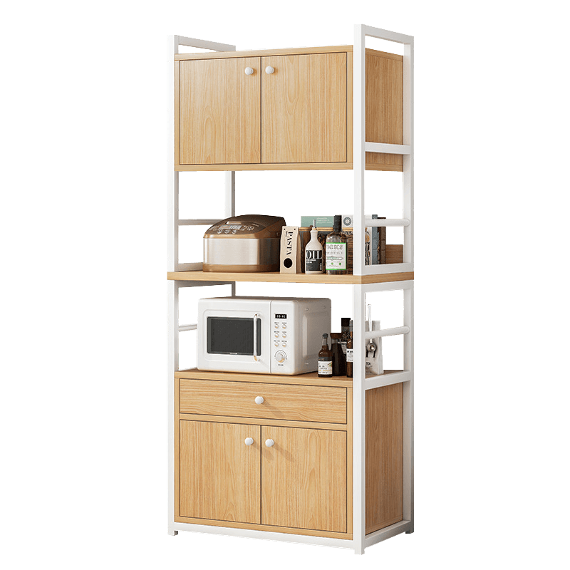 A tall, freestanding kitchen storage unit featuring a white powder-coated metal frame. It incorporates multiple storage options, including two upper closed cabinets, two open shelves, one pull-out drawer, and two lower closed cabinets. The shelves, drawer face, and cabinet doors are constructed from light-colored engineered wood with a natural wood grain finish. The unit is designed to accommodate various kitchen appliances and pantry items, demonstrating a practical and contemporary aesthetic. — 3D model
