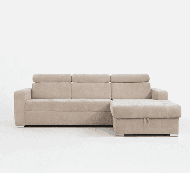 A light beige upholstered contemporary sectional sofa with a right-facing chaise lounge. The sofa features adjustable headrests, segmented back cushions, and integrated storage within the chaise, indicated by a pull handle. It rests on short, polished rectangular metal feet. — 3D model