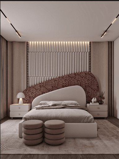 A modern platform bed featuring a rounded upholstered headboard, integrated into a large wall-mounted panel system. The wall panel comprises a light wood-toned section with vertical ribbed detailing and a studded perimeter, alongside an asymmetrical, richly patterned upholstered section. The bed frame is upholstered in a light, neutral fabric, and it is accompanied by two stacked circular footstools matching the patterned upholstery. — 3D model