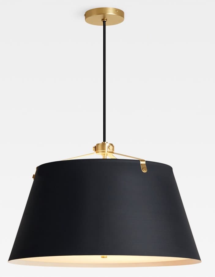 A pendant light fixture featuring a conical lampshade in a dark, matte finish suspended by a black cord from a brushed brass ceiling canopy. The shade is supported by a minimalist brushed brass structure that attaches to the cord mechanism. The interior of the shade appears to be a lighter, possibly white or cream color, reflecting light. — 3D model