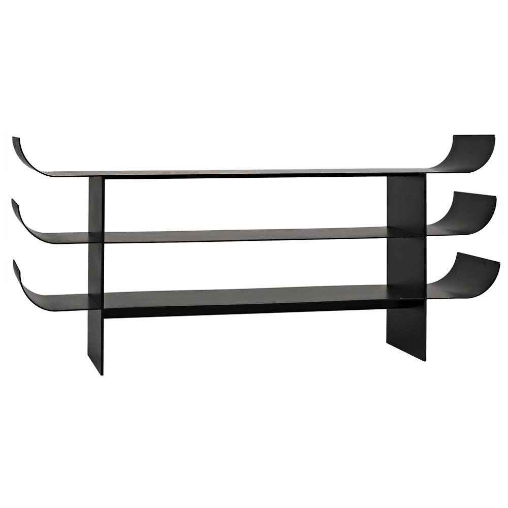 A three-tiered shelving unit with a minimalist design. The shelves are horizontal planes, and the supports are vertical elements that extend slightly above and below the top and bottom shelves. The ends of each shelf curve upwards symmetrically, creating a distinctive visual accent. The unit is presented against a white background, highlighting its form and structure. — 3D model