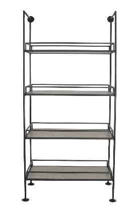 A tall, multi-tiered shelving unit with an industrial or modern design. It features a slender metal frame supporting four horizontal shelves. The shelves appear to be made of a wood-like material with a gray finish. The top of the unit has two circular elements that might be for wall mounting. — 3D model