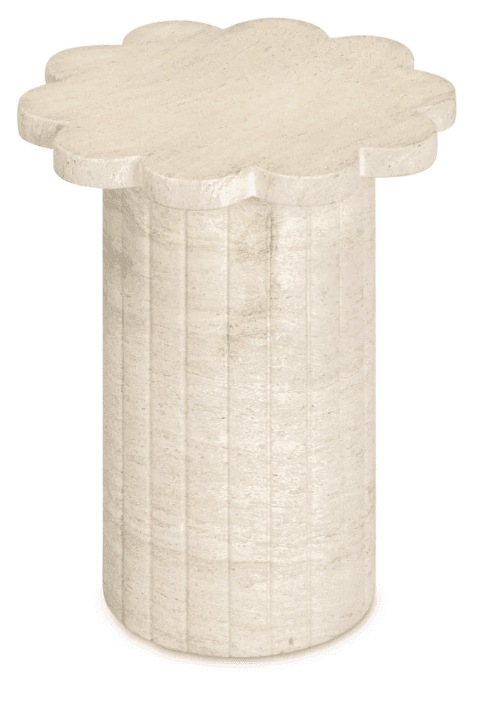A light beige, cream-colored travertine table featuring a scalloped-edge circular top and a fluted cylindrical pedestal base. The table has a monolithic appearance, showcasing the natural variations and porous texture inherent to travertine stone. The fluting runs vertically down the entire base, adding a classic architectural detail to the contemporary form. The top is seamlessly integrated with the base. — 3D model
