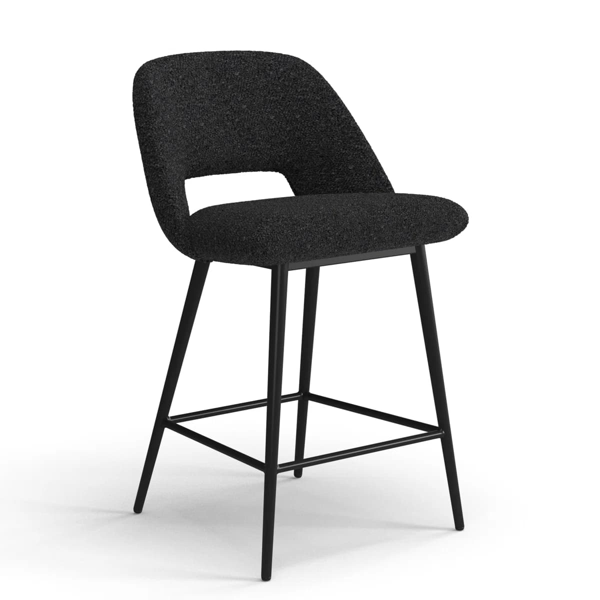 A modern bar stool with a curved, upholstered seat and backrest featuring an open cutout. The stool has a slim, four-legged base made of dark metal, with a footrest connecting the legs. — 3D model
