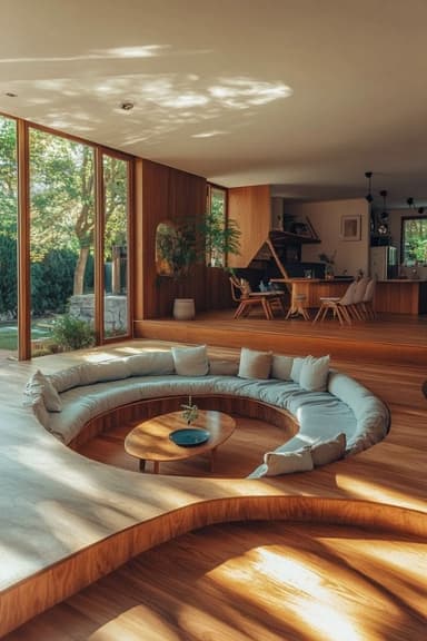 A circular, built-in conversation pit featuring a continuous sectional sofa arrangement. The pit is constructed from light-colored wood, creating a sunken area with two steps leading into the central seating space. The sofa itself comprises numerous modular, upholstered sections with light-colored fabric cushions, arranged in a complete circle. A small, round wooden coffee table with a plant on it occupies the center of the seating area. The entire unit is designed for communal and social interaction. — 3D model