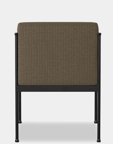 A modern chair featuring a minimalist black metal frame and textured brown fabric upholstery. The image shows the back of the chair, highlighting a rectangular padded backrest and slender cylindrical legs. — 3D model