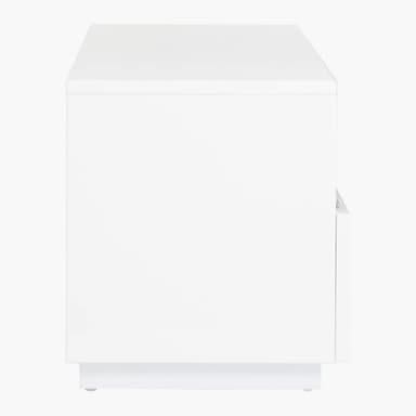 A modern, minimalist white nightstand featuring a clean, rectangular form and a recessed plinth base. It appears to have integrated storage on one side. — 3D model