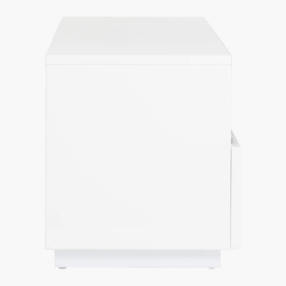 A modern, minimalist white nightstand featuring a clean, rectangular form and a recessed plinth base. It appears to have integrated storage on one side. — 3D model