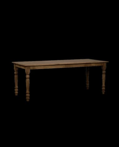 A long, rectangular dining table with four turned legs. The tabletop appears to be solid and has a natural wood grain visible. The legs have a distinct baluster shape, with bulbous sections and turned details, indicative of a traditional or farmhouse style. — 3D model