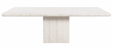 A rectangular dining table with a thick, flat top and a single, substantial pedestal base. The edges of the tabletop are rounded. The material appears to be travertine, characterized by its porous texture and natural veining. — 3D model