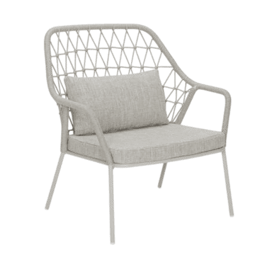 A contemporary outdoor lounge chair featuring a light beige woven synthetic rope back and armrests, paired with matching upholstered seat and back cushions, all supported by four splayed, powder-coated metal legs. — 3D model