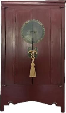 A dark reddish-brown two-door cabinet in a traditional Chinese style, featuring distinctive circular brass-toned hardware with a central pin closure and a decorative tassel. The cabinet has a rectangular top, and the base exhibits a subtle, decorative curve on its feet. — 3D model