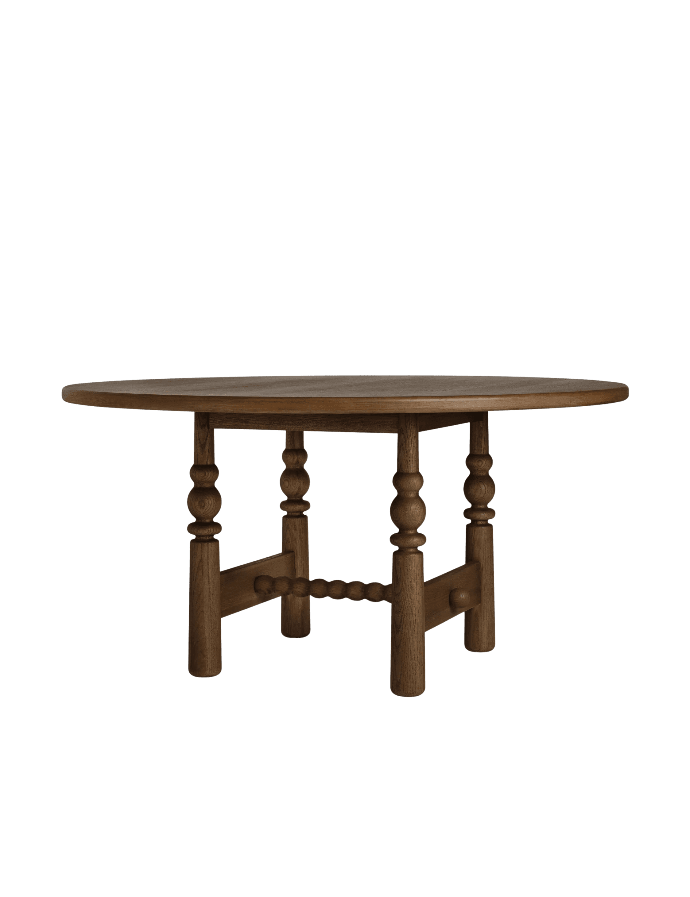 A round wooden dining table with a thick top and a turned pedestal base. The base consists of four turned legs, each featuring a series of rounded elements, connected by horizontal stretchers. The stretchers have a central beaded detail. — 3D model