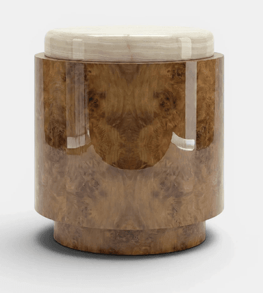 A cylindrical furniture piece featuring a high-gloss burl wood body and a polished, rounded onyx top. — 3D model