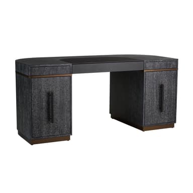 A modern executive desk with a dark, textured finish and curved pedestal bases. It features a rectangular top with a slight curve at the front and a recessed area near the back. The pedestal bases have metallic trim near the top and bottom, adding a decorative element. The overall design is contemporary and sleek. — 3D model