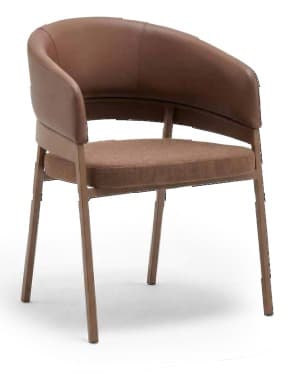 A contemporary chair featuring a slender, matte brown metal frame. The seat is upholstered in a textured brown fabric, while the curved backrest and integrated armrests are covered in a smooth brown leatherette. The four legs are angled slightly for stability, and the overall design is sleek and modern. — 3D model