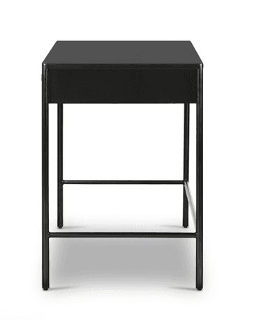 A modern black desk featuring a rectangular top with integrated storage, supported by a slim black metal frame. The desk includes two drawers with brass knob handles and a central open compartment. Its minimalist design is suitable for contemporary interiors. — 3D model