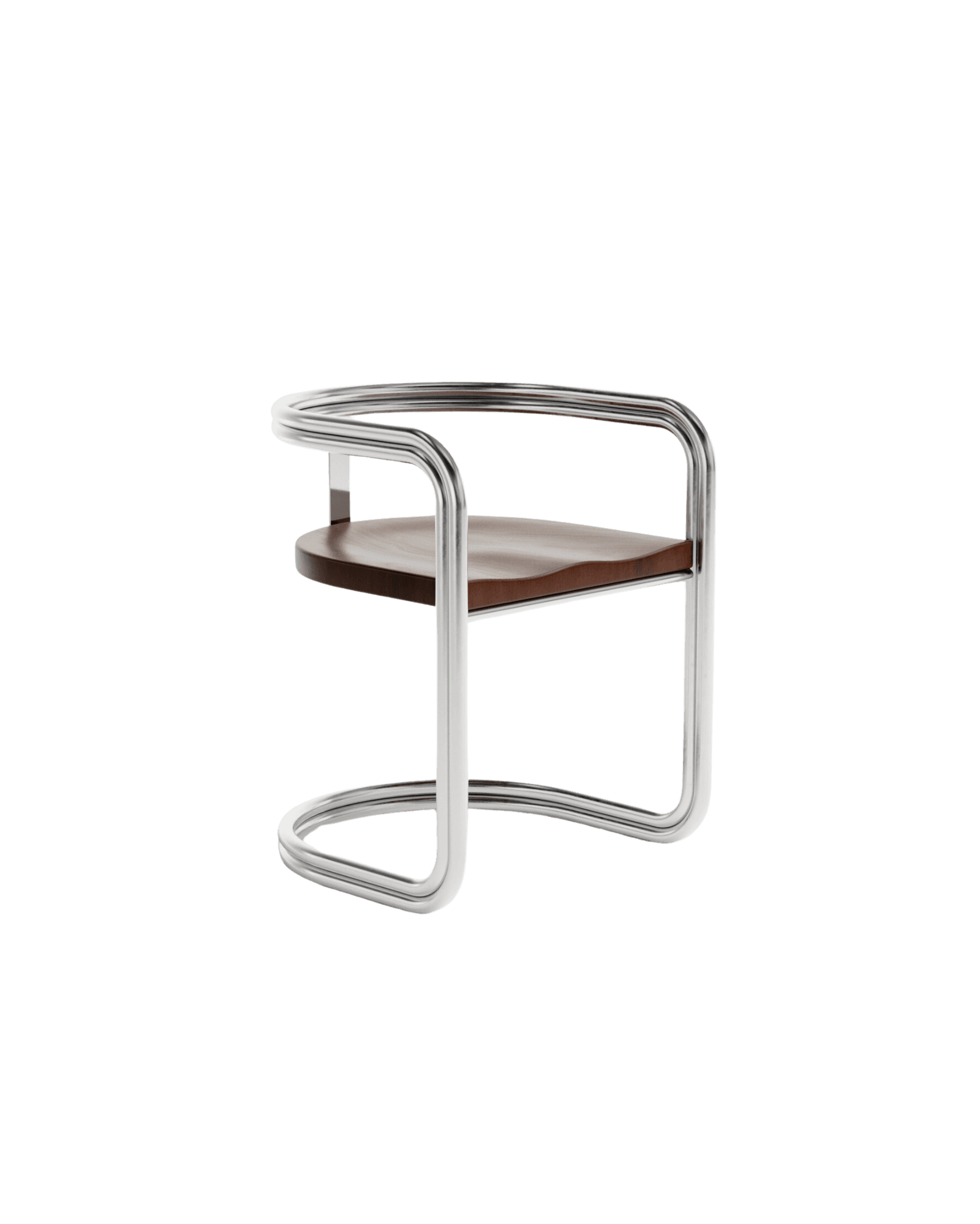 A modern armchair with a tubular chrome-plated steel frame and a dark wood seat. The frame forms a continuous loop, creating the legs, armrests, and back support. The seat is gently curved and appears to be made of polished wood. — 3D model
