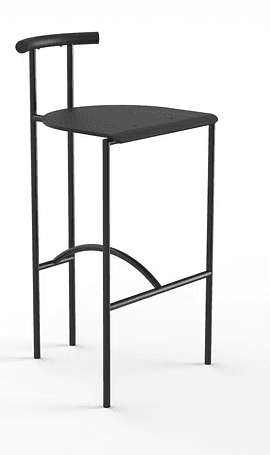 A contemporary bar stool with a minimalist design, featuring a curved backrest and a semi-circular seat. The stool has a slender frame constructed from thin metal rods, including four legs connected by crossbars for stability. A curved metal piece serves as a footrest. — 3D model