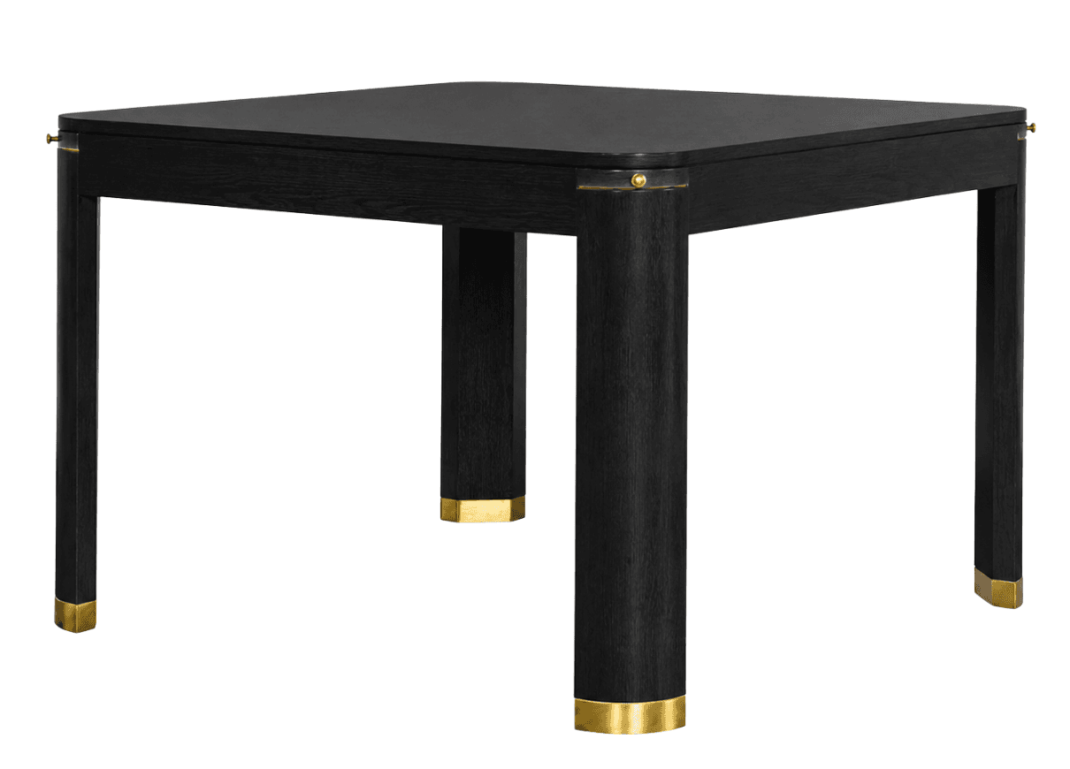 A square black oak table with brass accents and an expandable tabletop mechanism, featuring a mix of cylindrical and square legs. — 3D model