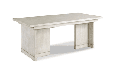 A rectangular conference table with a light off-white or beige finish. The table features a thick, rectangular tabletop supported by a trestle-style base.  The base consists of two large vertical supports connected by a horizontal stretcher, creating a sturdy and visually appealing structure. The tabletop appears to have a subtle wood grain visible under the finish. There is a slight lip or edge detail visible on the tabletop. The table legs are rectangular and have a slightly tapered or squared-off appearance. — 3D model