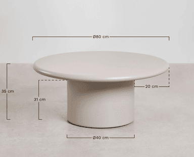 A low-profile, round coffee table with a substantial cylindrical pedestal base, finished in a uniform light greige or taupe color. The design is modern and minimalist, featuring clean lines and a monochromatic appearance. — 3D model