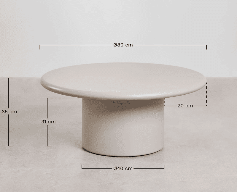 A low-profile, round coffee table with a substantial cylindrical pedestal base, finished in a uniform light greige or taupe color. The design is modern and minimalist, featuring clean lines and a monochromatic appearance. — 3D model