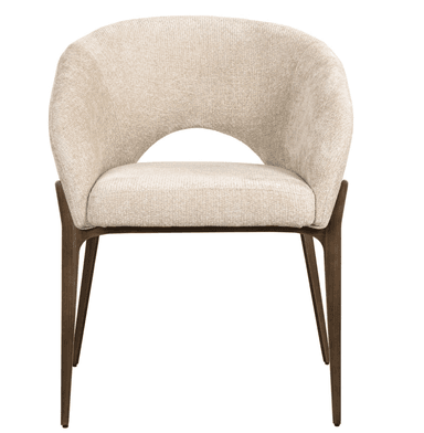 A contemporary armchair featuring a gently curved, barrel-style upholstered back and integrated armrests. The chair is covered in a light, textured fabric, likely a boucle or similar weave, in a cream or beige color. A distinctive crescent-shaped cut-out is visible on the lower backrest. It is supported by four slender, tapered wooden legs with a dark, possibly espresso, finish. — 3D model