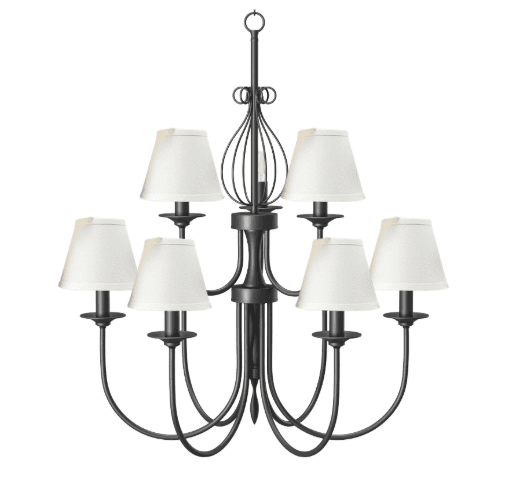 A multi-armed chandelier with a central column and decorative scrolled arms. Each arm terminates in a socket supporting a conical lampshade. The central column features a cage-like decorative element at its upper section. The fixture is designed to be suspended from a ceiling. — 3D model