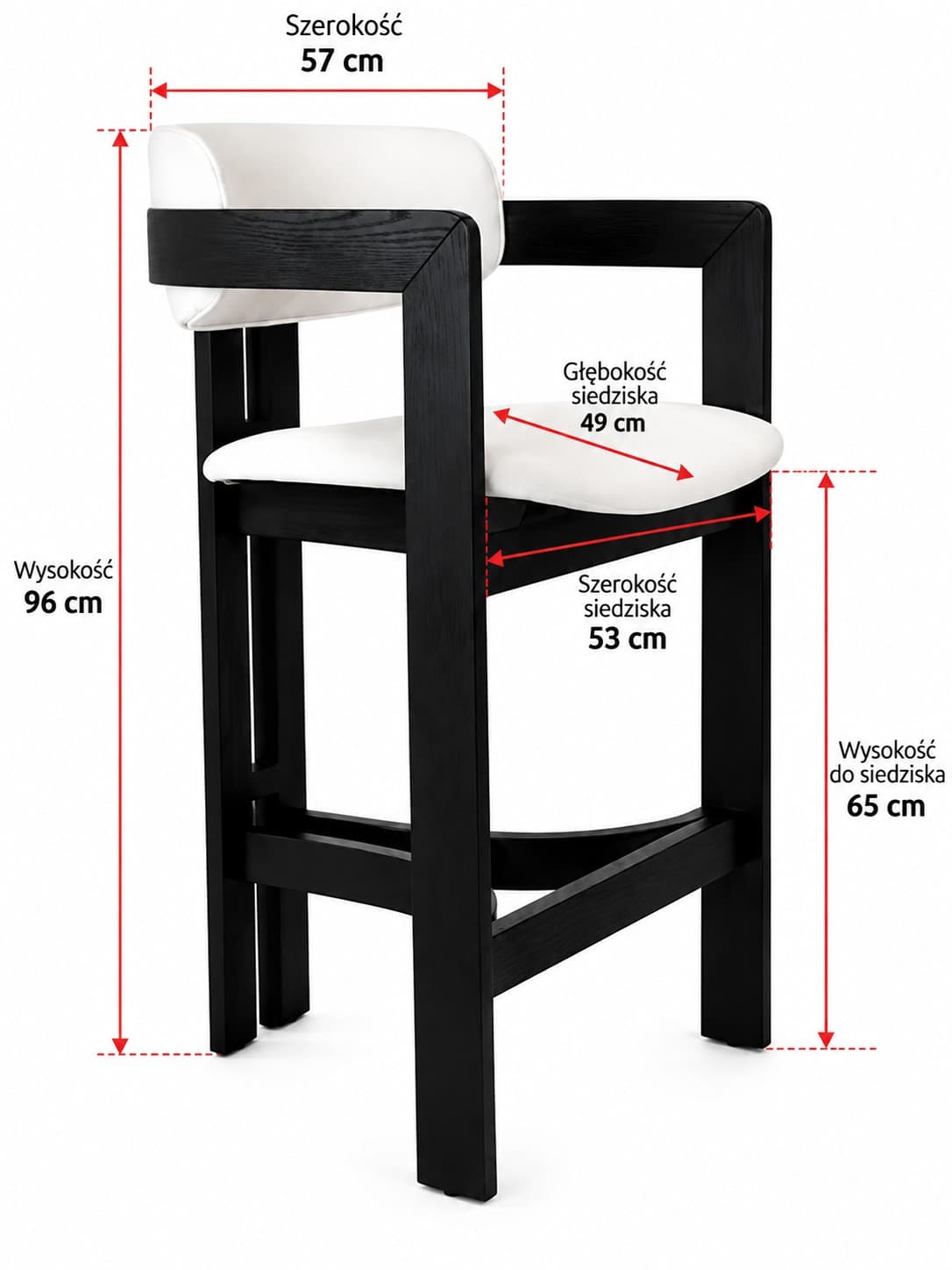A modern bar stool featuring a solid black wooden frame and white upholstered seat and backrest. The stool has integrated armrests that form part of the continuous frame structure. A circular footrest connects the front legs, providing stability and comfort. — 3D model