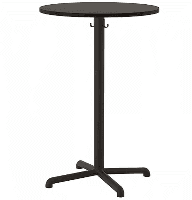 A tall, round-top bar table with a single central pedestal base. The table features a dark finish and includes two small hooks attached to the underside of the tabletop, likely for hanging items. — 3D model