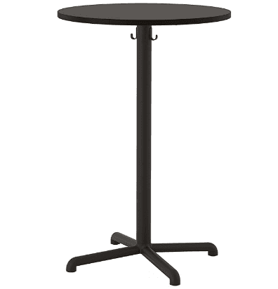 A tall, round-top bar table with a single central pedestal base. The table features a dark finish and includes two small hooks attached to the underside of the tabletop, likely for hanging items. — 3D model